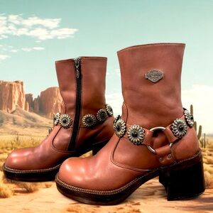 🌼Vintage Harley Davidson Chunky Ankle Boots w/ Custom Flower Concho Harnesses🌼